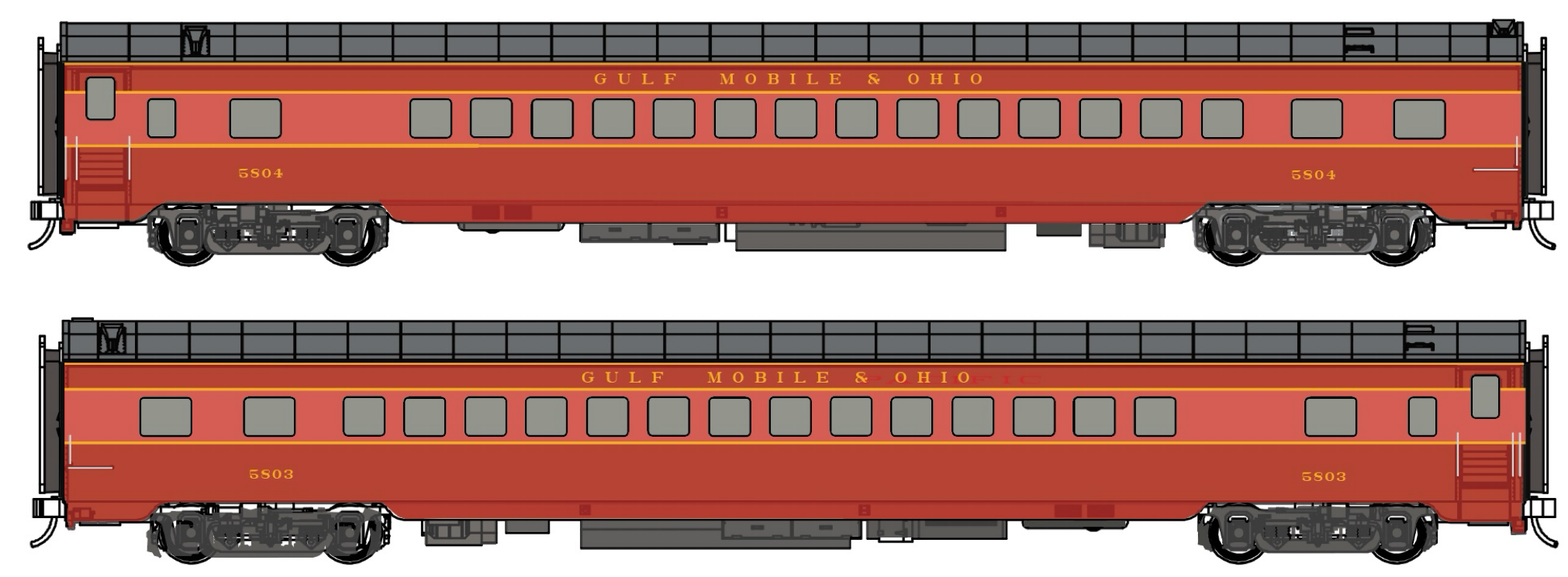 Two red passenger cars with black roofs on a white background